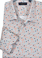 Cool sport shirt with varying colors of small stars on a soft cotton sateen fabric. The soft ground has a slight textured effect in the printing and the teal and red stars add style.  A good look to pair with any color denims.  Medium collar, classic shaped fit.