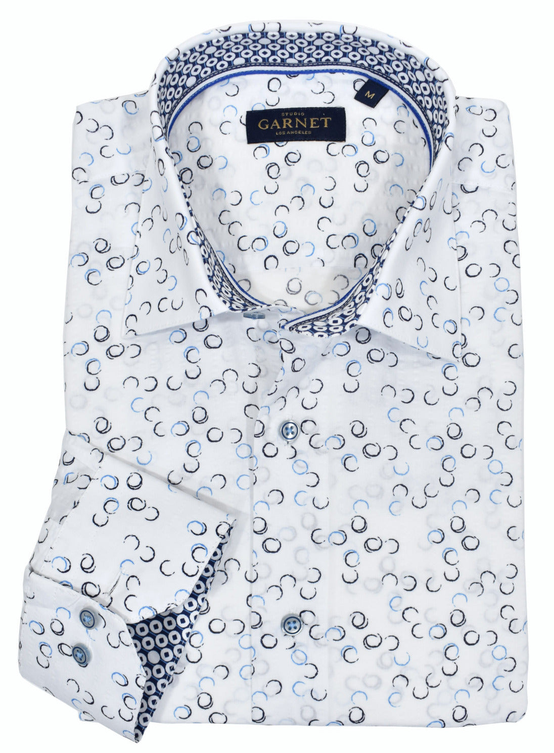 What a cool Spring/Summer shirt to wear dressy or casual. The printed colors on a white ground are perfect for jeans, pants or shorts.  Roll the sleeves, open a few buttons and you are sporting a cool fair weather look.  Medium collar, trim fabric and fashion neck band piping.  Classic shaped fit.