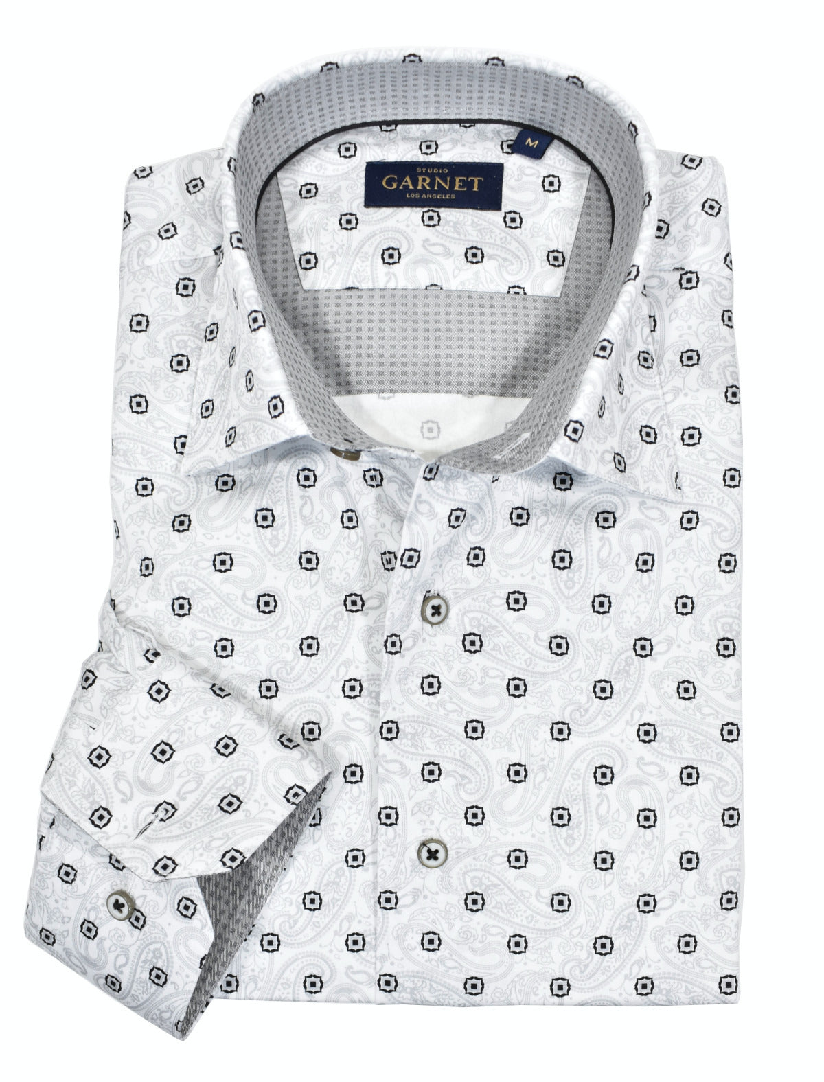 This fabric looks richly elegant in person with the smoked out floating paisleys and strong over print medallions.  Cotton sateen fabric, soft contrast trim fabric and contrast neck band piping for added style.  Medium collar and a classic shaped fit.