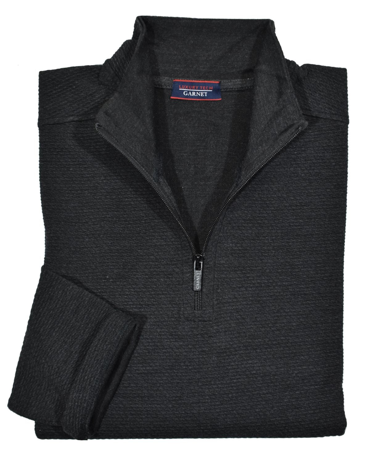 Luxury tech fabric is lightweight and cool with a finish that feels like soft velour. Classic zip mock model with an open bottom and open sleeve for a cool, contemporary image.   Light weight.  Classic shaped fit.