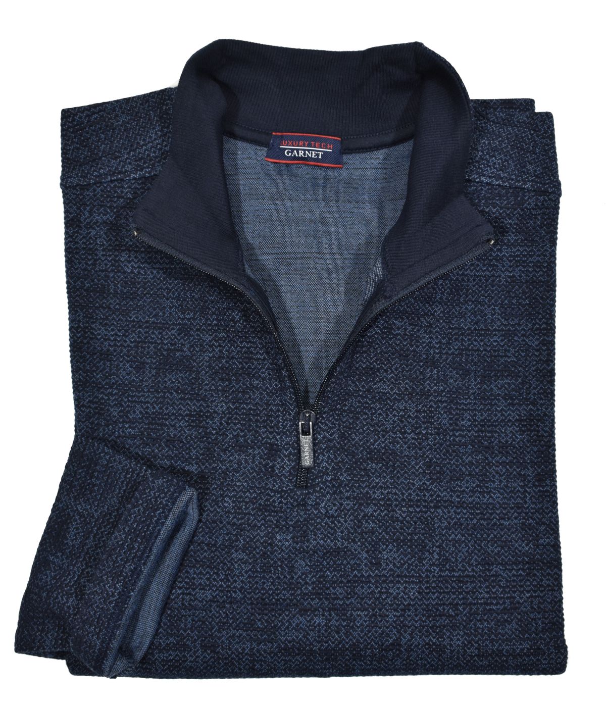 Luxury tech fabric is lightweight and cool with a finish that feels like soft velour. Classic zip mock model with an open bottom and open sleeve for a cool, contemporary image.   Light weight, soft with a two color rich weave.  Classic shaped fit.