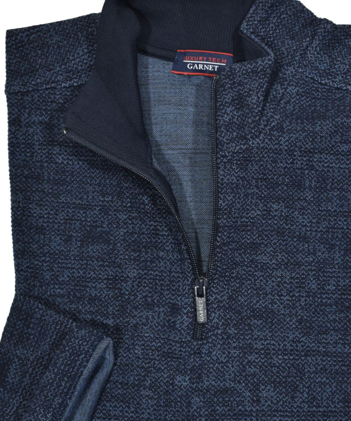 Luxury tech fabric is lightweight and cool with a finish that feels like soft velour. Classic zip mock model with an open bottom and open sleeve for a cool, contemporary image.   Light weight, soft with a two color rich weave.  Classic shaped fit.