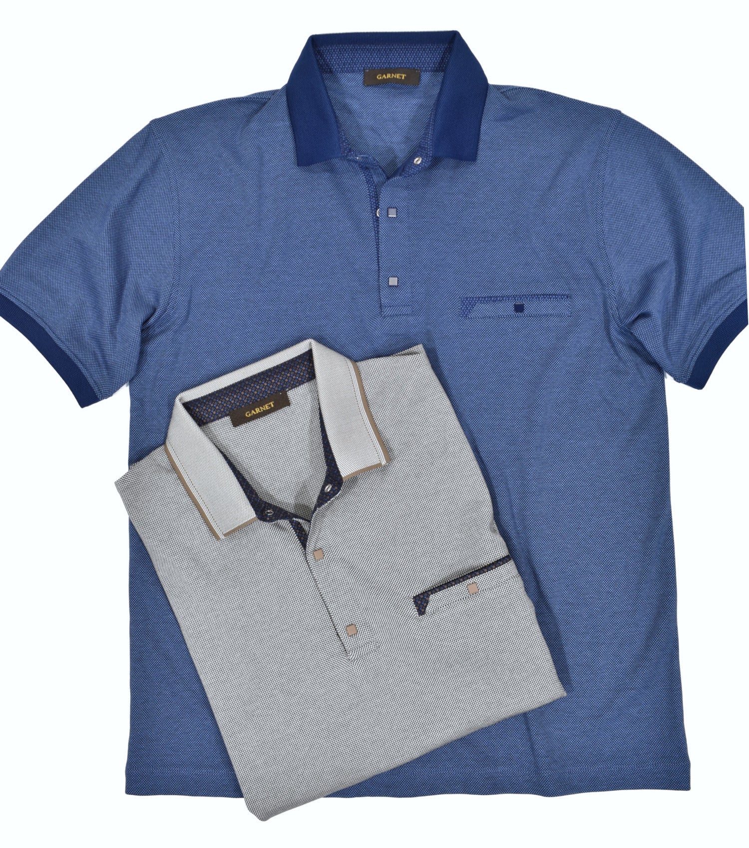 Mercerized cotton is extra fine, feels great and looks expensively elegant.  The extra fine dot pattern coupled with a snap closure, fashion collar, trim fabric, and trend pocket make this polo special. A must have for this season.  Classic shaped fit.   Colors: Blue, Tan  Modern fit.