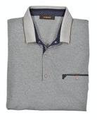 Mercerized cotton is extra fine, feels great and looks expensively elegant.  The extra fine dot pattern coupled with a snap closure, fashion collar, trim fabric, and trend pocket make this polo special. A must have for this season.  Classic shaped fit.   Colors: Blue, Tan  Modern fit.