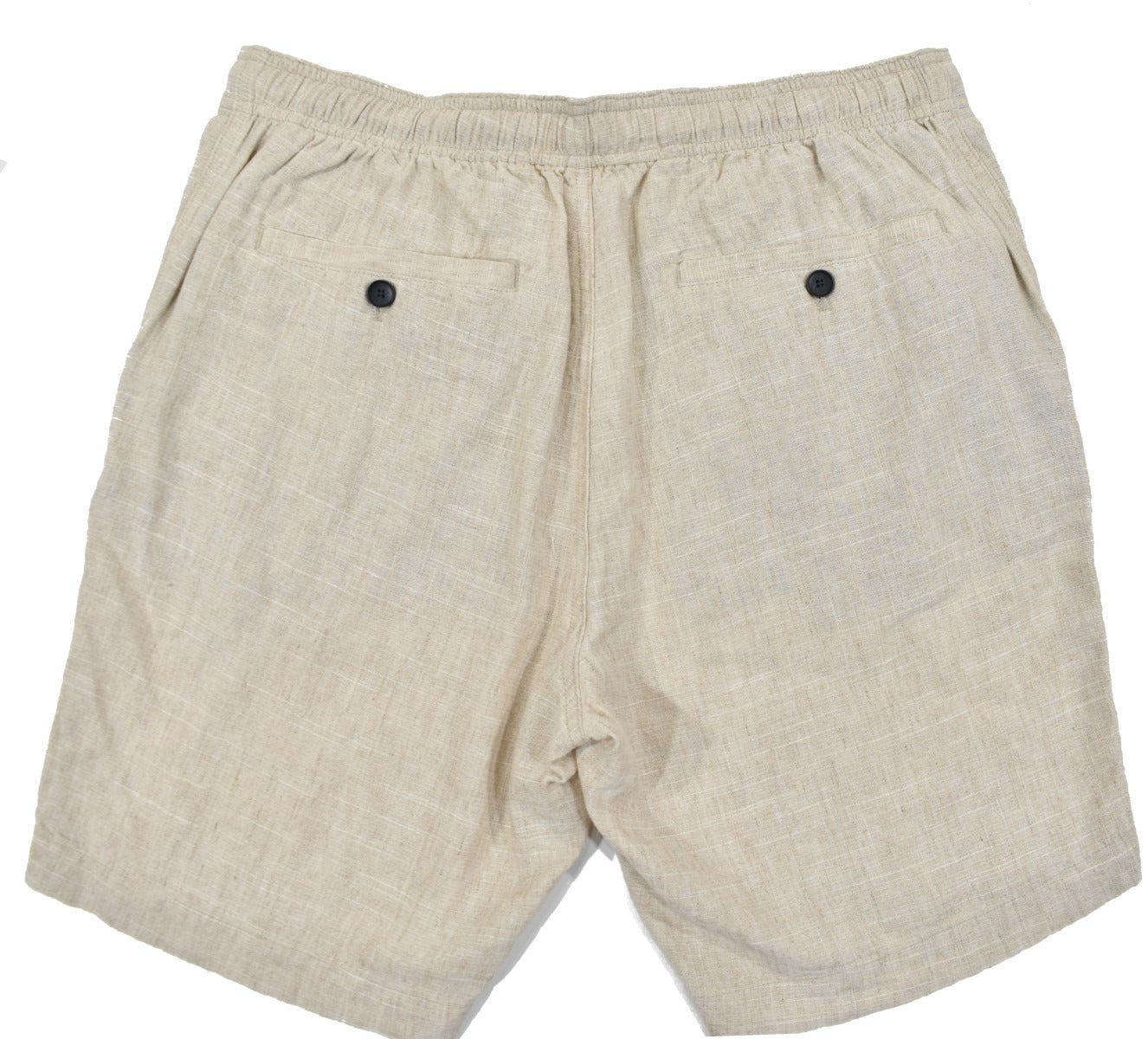 Soft washed 60% pure linen and 40% viscose feels great to the touch and has the characteristic look of linen without the negative attributes.  Draw string comfort waist with built in half stretch along the back, side slash pockets and two rear button through pockets.  Classic fit.  9" inseam with the bottoms just above the knees.