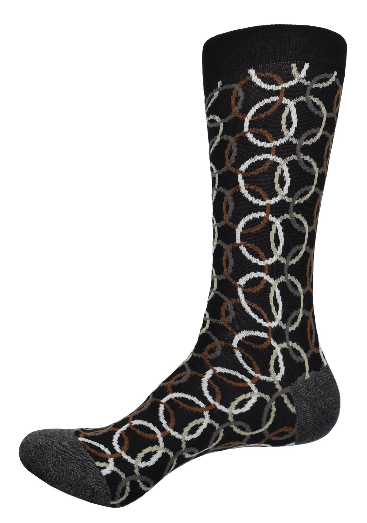 Exquisite Dion collection socks are knitted with extra fine mercerized cottons. The result is a rich feeling sock with crisp color depth. Black base with Earth tone colored interlocking circles. Mid to upper calf height. Sizes 8-12.