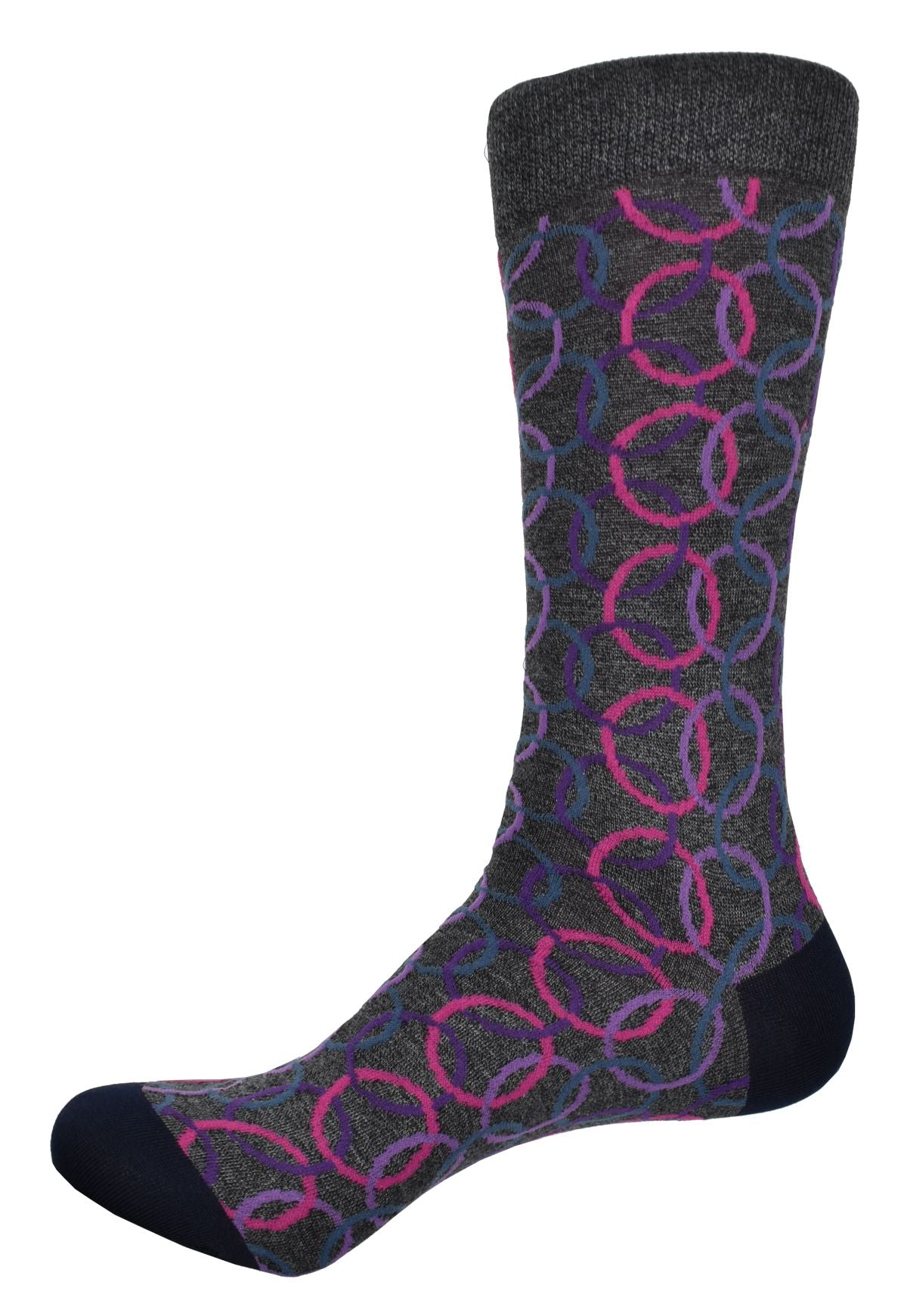 Exquisite Dion collection socks are knitted with extra fine mercerized cottons. The result is a rich feeling sock with crisp color depth. Charcoal base with colored interlocking circles. Mid to upper calf height. Sizes 8-12.
