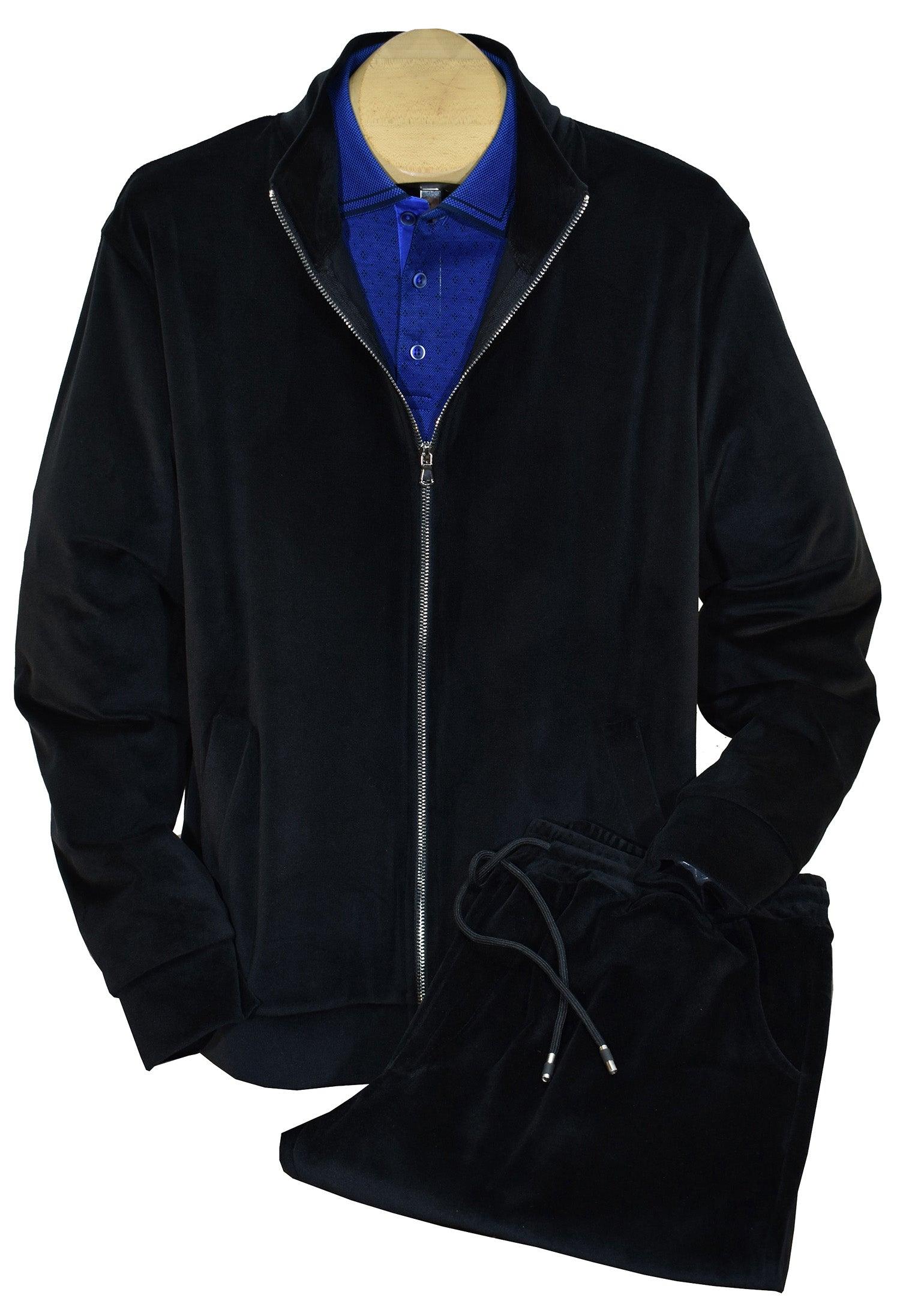 Microfiber velour fabric is outstanding. Chromed zipper detailing adds sophistication. Classic jacket style with side slash pockets and full zip, great for layering. Pant features a stretch waist band, tie front and classic pockets. Pants feature an open bottom. Made in Italy.