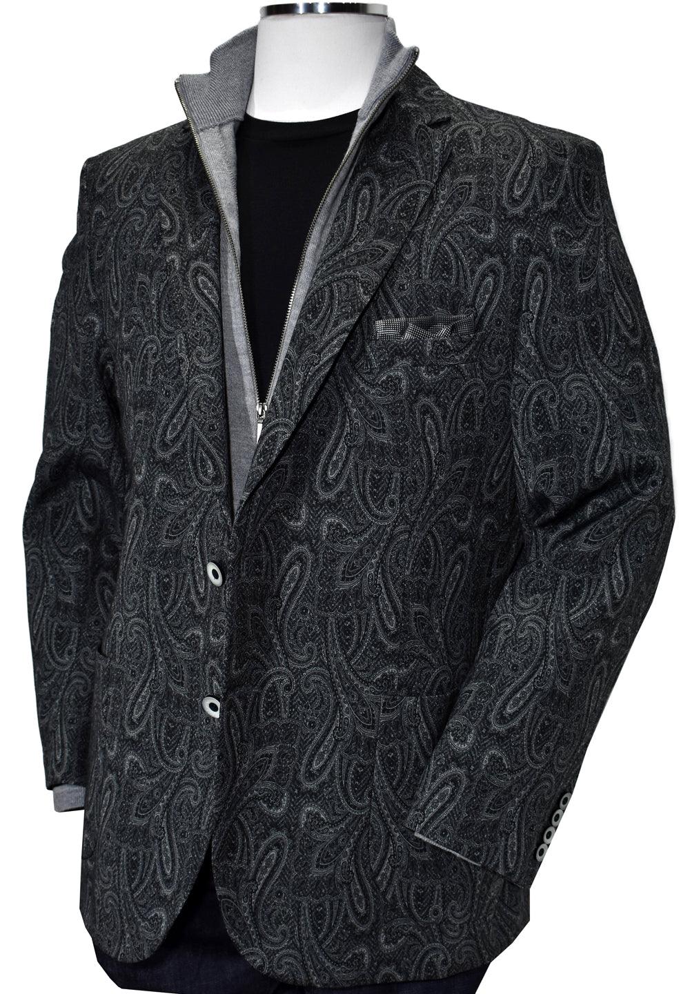Combine a cool trend look with a performance fabric and you are ready to jet set. This jacket can be folded into a small bag that doubles as the pocket square. Open it up and throw it on, no ironing needed. Soft microfiber fabric, quarter lined and modern fit with a little stretch. Visconti Grey Paisley Traveler Coat Soft microfiber fabric resists wrinkling. Fold it, crumple it, shove it in your bag, always ready to go. Grey with fashion paisley styling. Quarter lined. Modern Fit