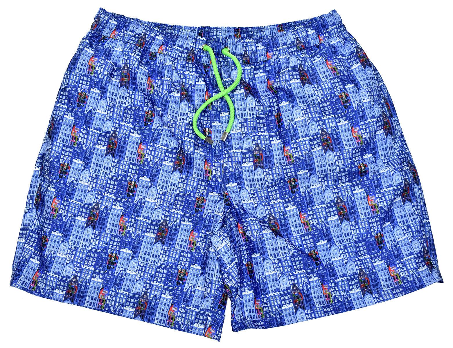 Our cool microfiber fabric swim shorts feature a unique pattern sure to set your image at the pool or beach.  Classic quick dry fabric. Elastic stretch waist band with fashion draw strings. Side slash pockets and back pocket. Mesh lining. Modern fit, order up one size if between sizes. Buildings print swim suit, by Marcello Sport.