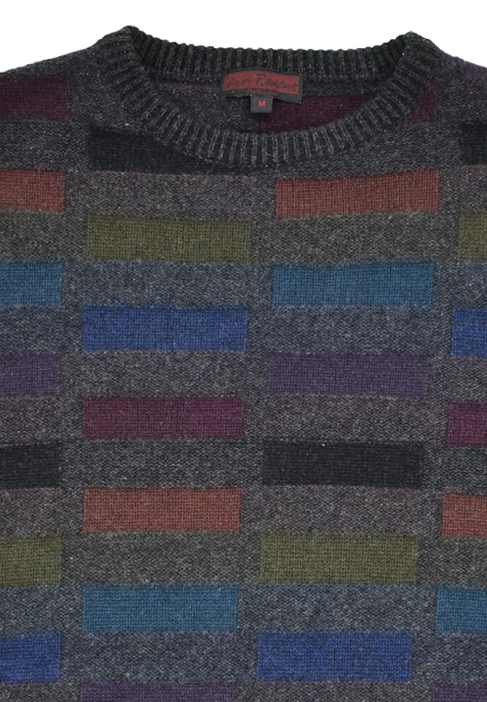 Designer Lenor Romano inspired pullover, cashmere sweater with classic color block styling. Classic charcoal tones never go out of style and subtle color blocks add distinct style. 100% cashmere, classic fit.