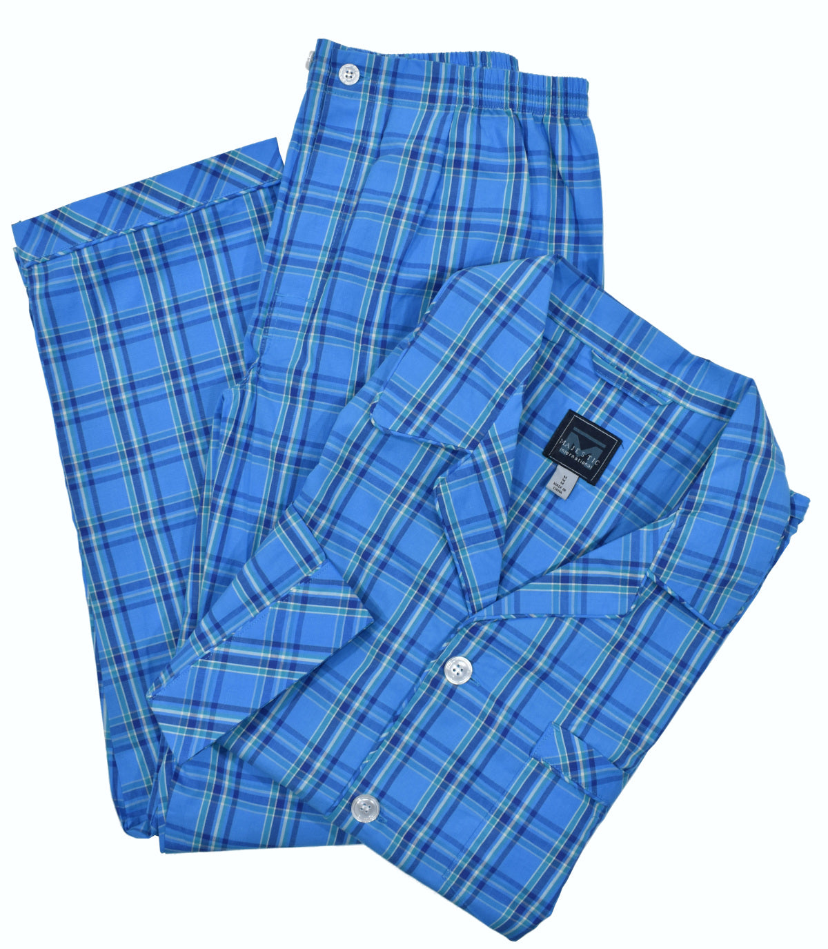 Classic cotton plaid pajamas with a button front coat top, edge piping and a chest pocket.   Pants feature a draw string waist, functional fly and 3/4 waist band stretch for enhanced comfort.   Soft Spring/Summer blue coloration.  Classic fit.