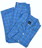 Classic cotton plaid pajamas with a button front coat top, edge piping and a chest pocket.   Pants feature a draw string waist, functional fly and 3/4 waist band stretch for enhanced comfort.   Soft Spring/Summer blue coloration.  Classic fit.