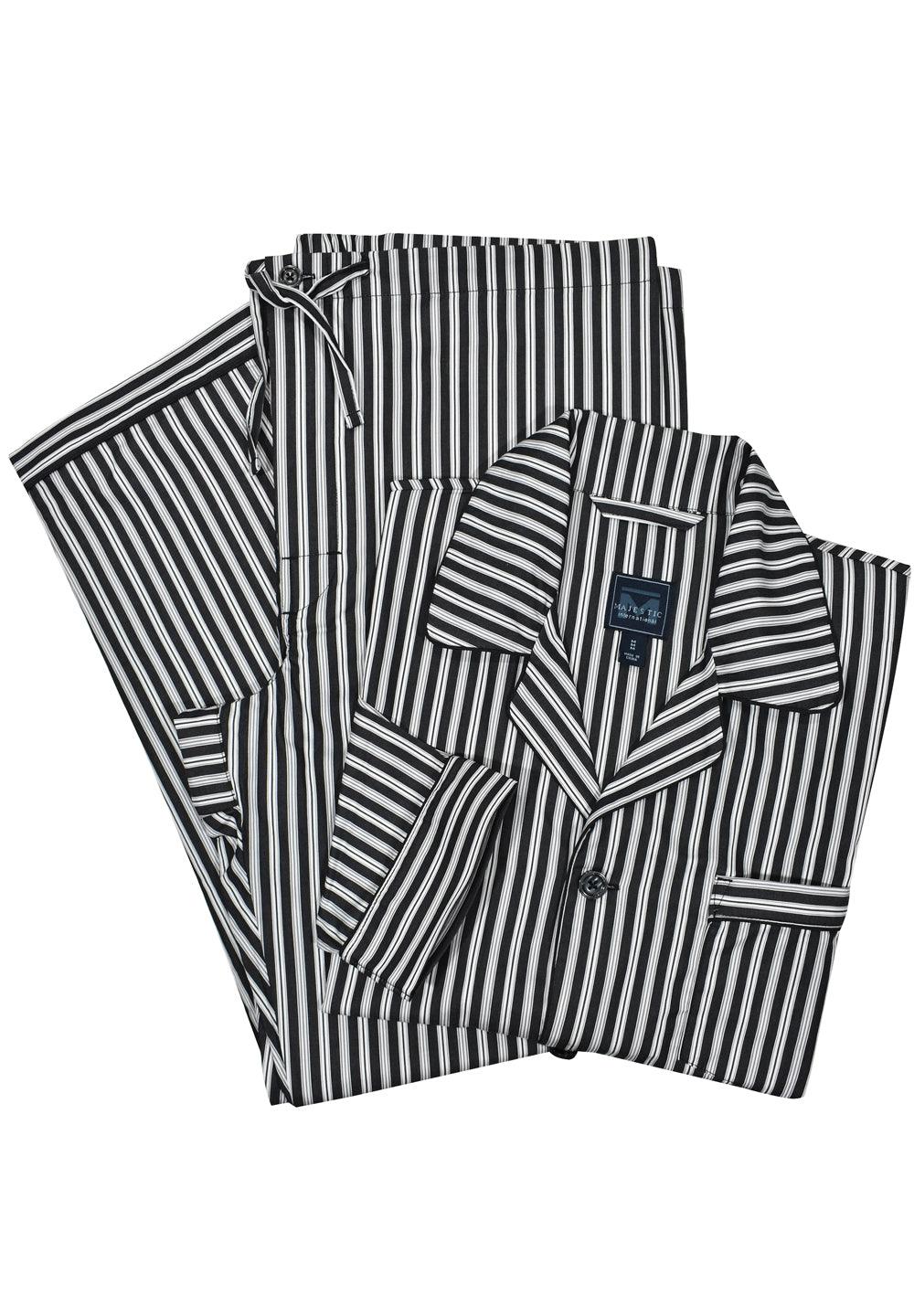 From our majestic collection, the striped pajama changes up the typical plaid look. Coat front top with chest pocket and edge detailing. Open pant with draw strings for added comfort. Classic fit.  Black Stripe Madison Pajama  100% cotton machine washable Draw string pant Shirt style top with chest pocket