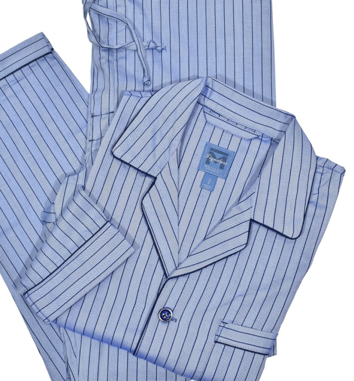 Button front top with chest pocket and open sleeve.  Draw string pant with stretch waist and button fly enclosure..  Classic fit.