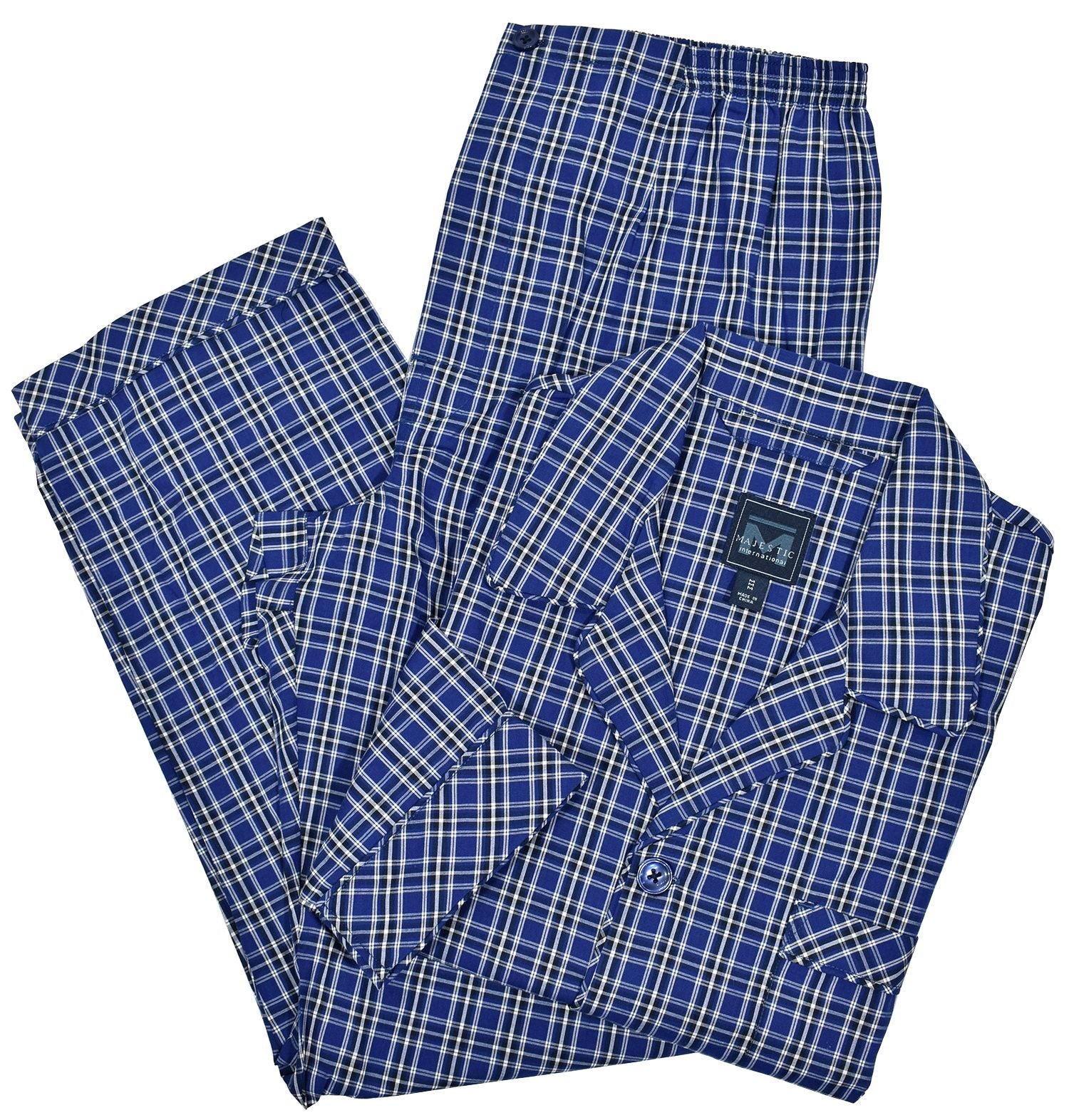 The elegant, navy window pane, plaid pajama on soft cotton fabric is classic style perfect for any man. Navy edge piping to finish the look.   Button front top with chest pocket.  Drawstring pant with stretch waist and button closure fly.  Classic fit.