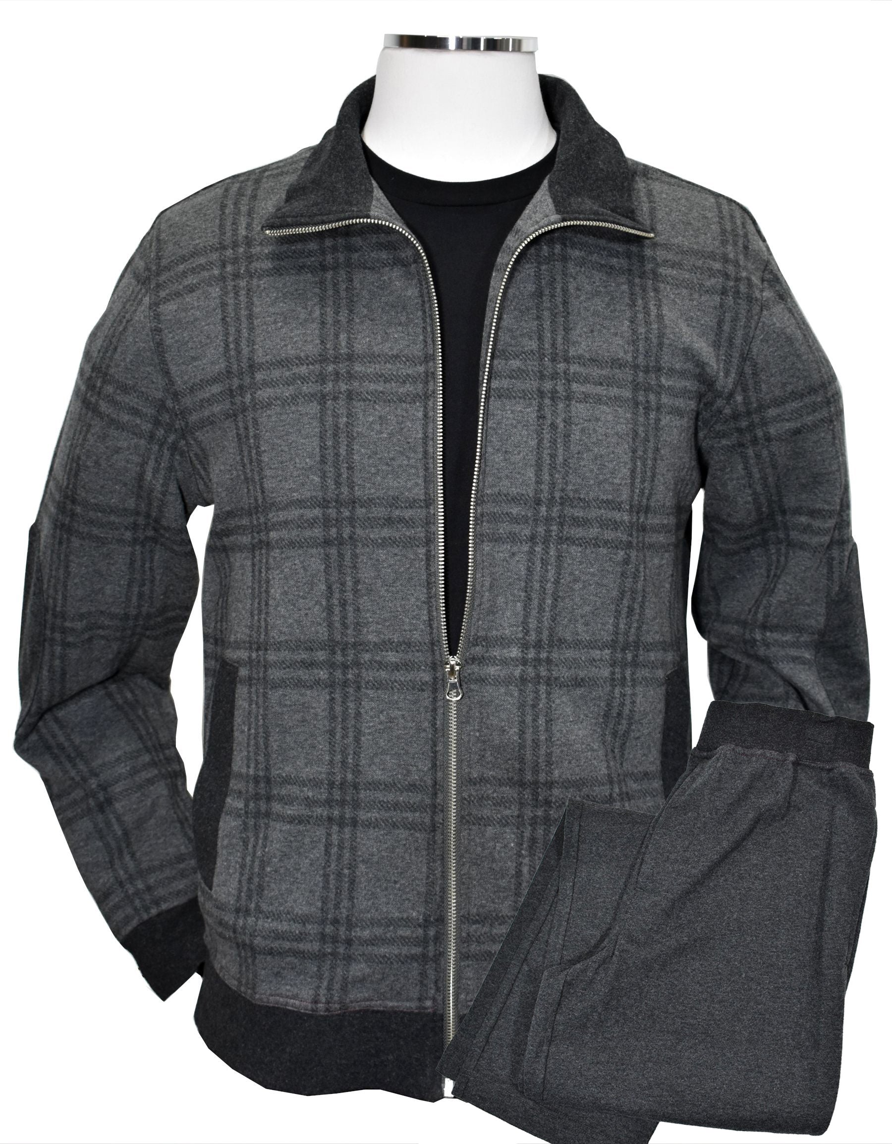 Majestic fine leisure set with a cool charcoal window pane jacket that features a full zip into a mock or polo collar. Black fabric edges add style and classic side slash pockets. An excellent choice to enhance you casual yet fashion lifestyle. Matched charcoal pant with black stretch waist band with classic pockets and zip fly. Classic fit.