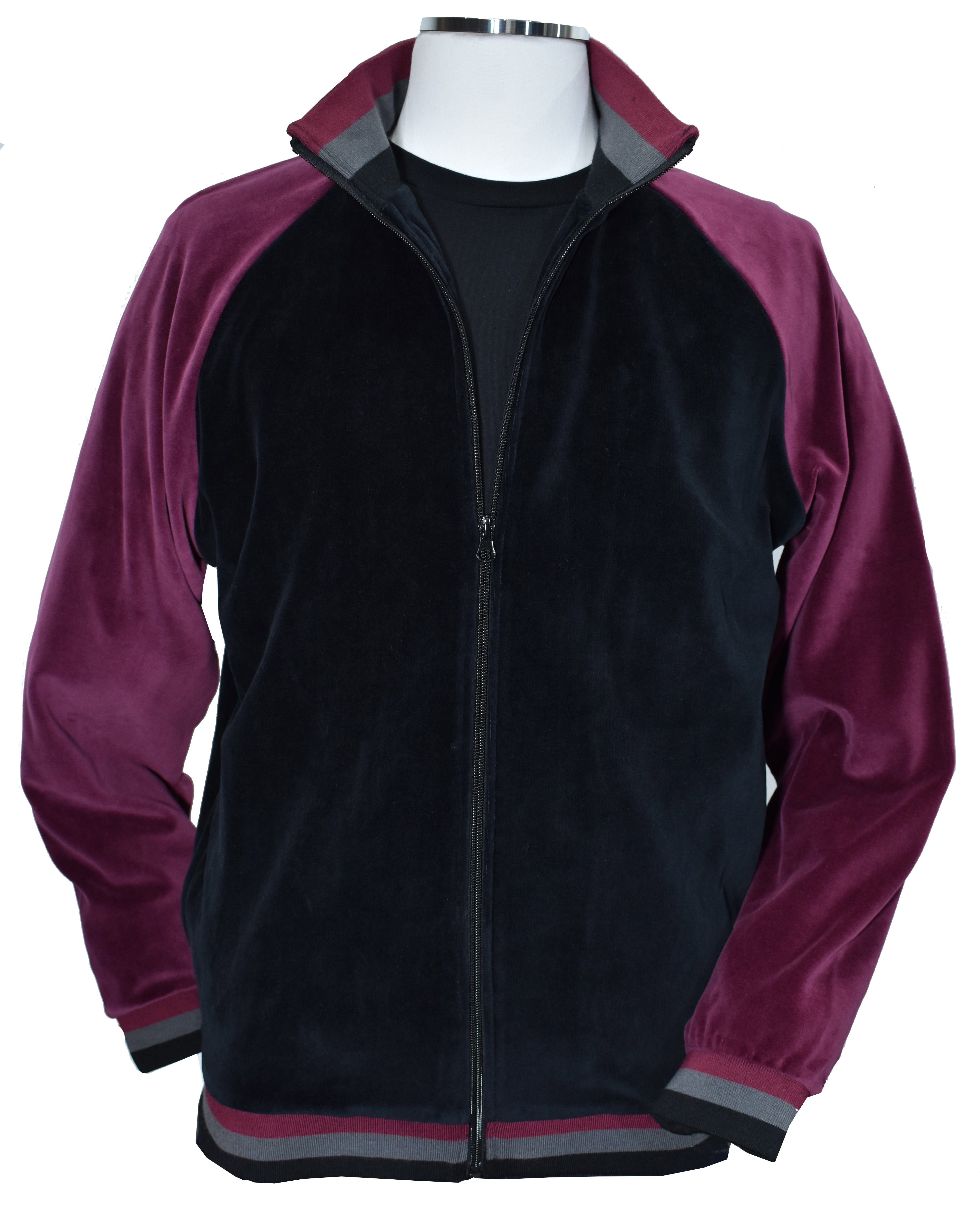 Fashion style in a velour microfiber fabric featuring a black top with wine accent color down the shoulders and sleeves, with a knitted collar, cuff and waist band matching the body colors. Cool leisure set model with a dressy super soft feel. The top features classic side slash pockets. Classic draw string pant with stretch waist band, and regular pocket detailing. Classic fit.