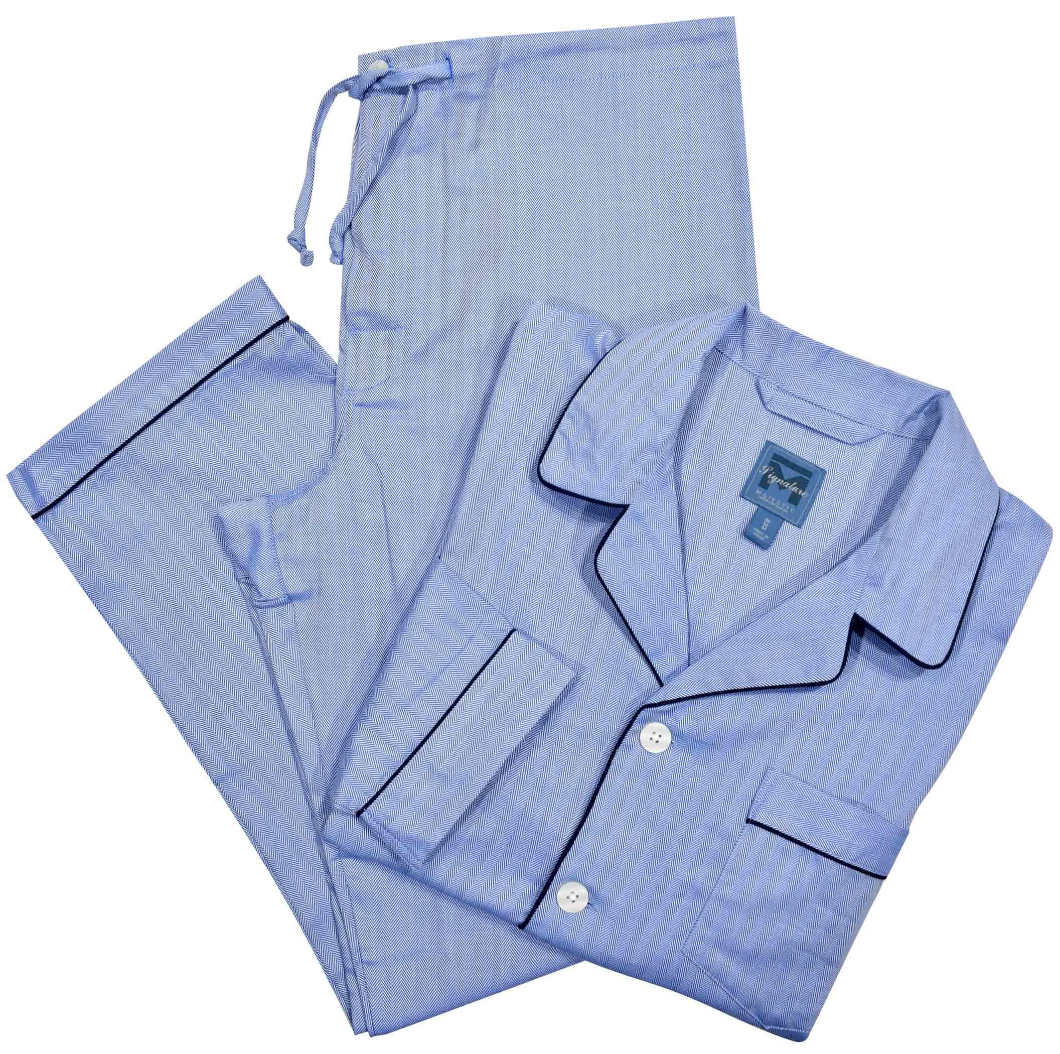 For the customer looking for luxury extended to the bedroom, we offer an 80’s 2-ply cotton pajama. The herringbone design provides subtle texture and elegance to a basic pajama. This pajama features a coat front top and breast pocket. Pant is 1/2 elastic back with drawstring front, 2 button fly and balloon seat. 100% cotton.