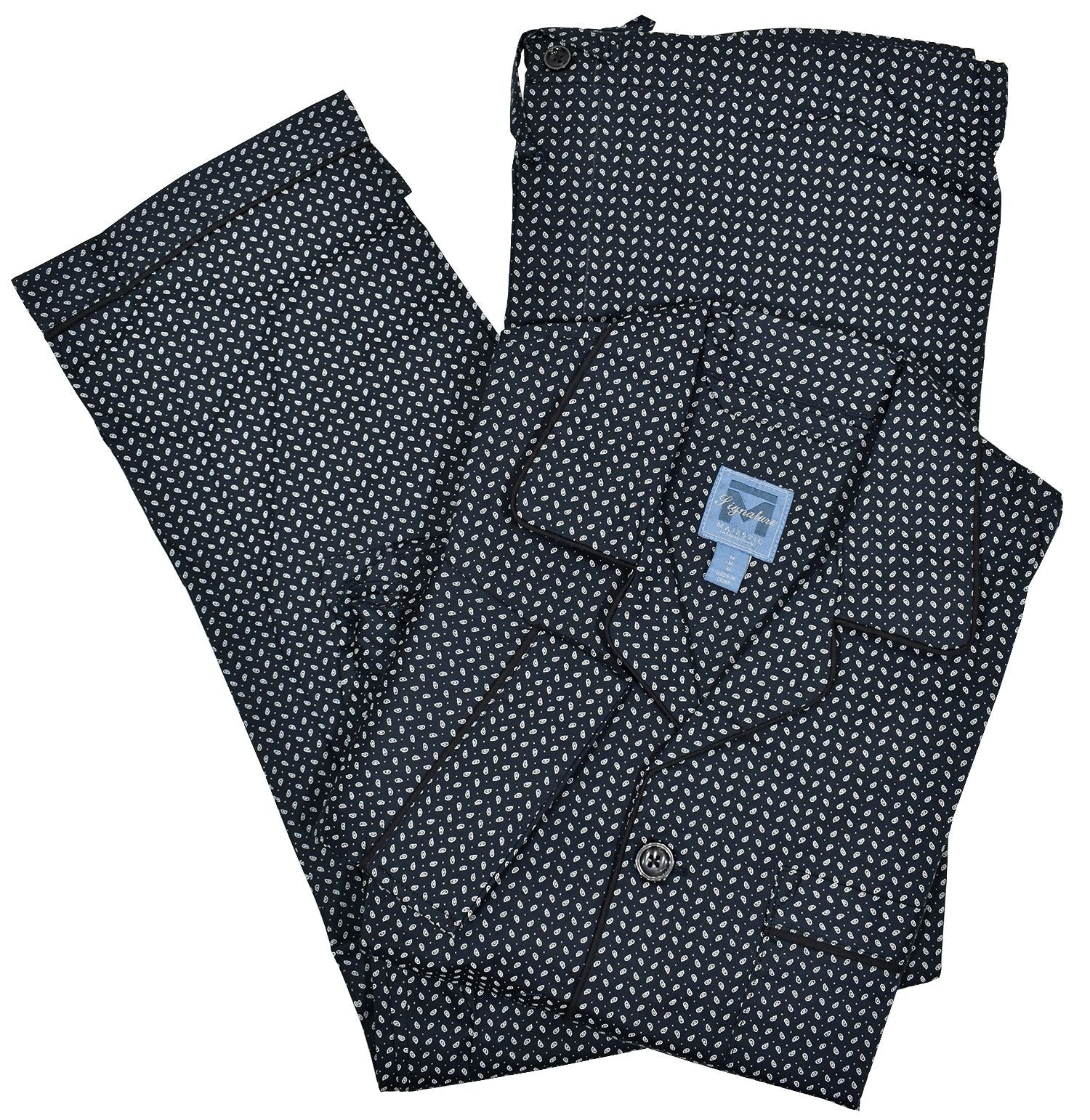Classic soft cotton pajama in a dark navy ground with small white paisley pattern to add style to a traditional look.  Full button closure top, chest pocket and edge piping.   Draw string pant with button fly and stretch waist.  Classic fit.
