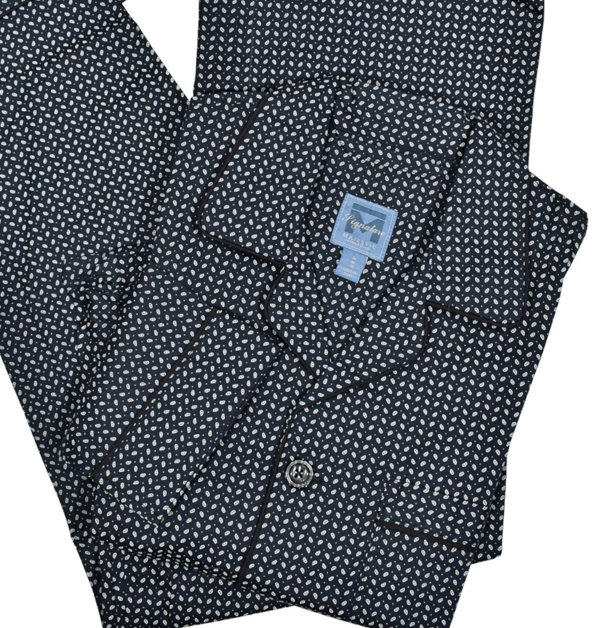 Classic soft cotton pajama in a dark navy ground with small white paisley pattern to add style to a traditional look.  Full button closure top, chest pocket and edge piping.   Draw string pant with button fly and stretch waist.  Classic fit.