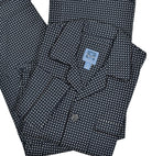 Classic soft cotton pajama in a dark navy ground with small white paisley pattern to add style to a traditional look.  Full button closure top, chest pocket and edge piping.   Draw string pant with button fly and stretch waist.  Classic fit.