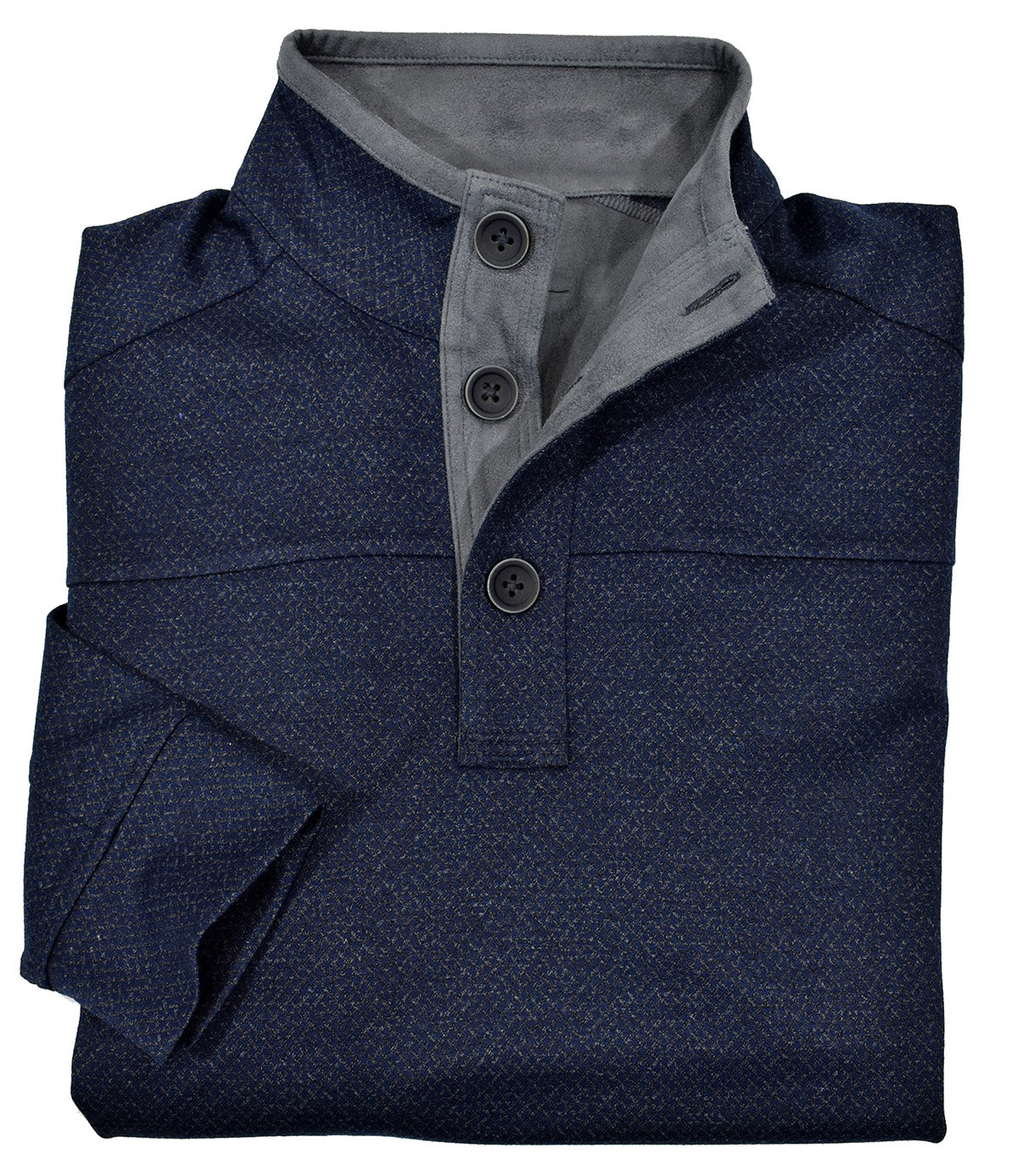 A classic mock neck in cotton microfiber fabric with a fine diamond pattern in soft gray over a navy ground. The performance fabric is great for any event and traveling. Add style to this basic mock with suede trim in the neck and along the button placket. Open sleeves and open bottom for a cool contemporary style. Light weight. Classic fit.