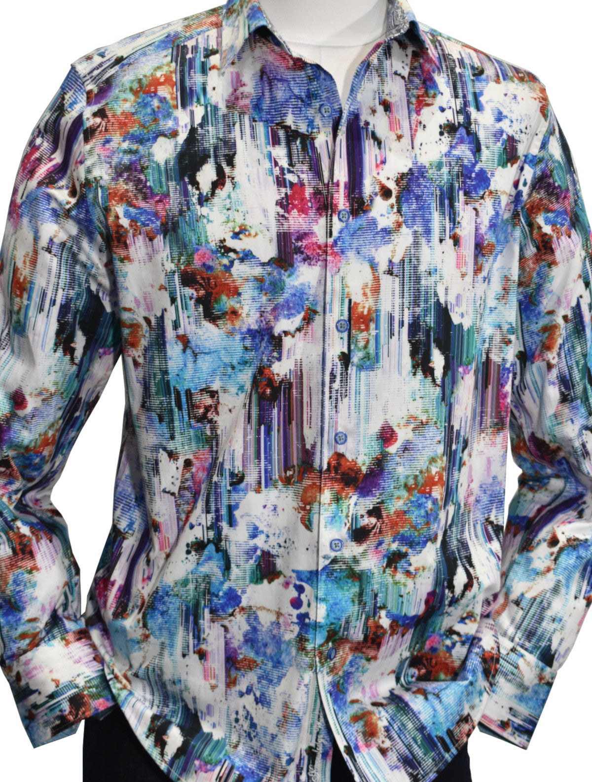 Robert Graham abstract print on soft cotton sateen stretch fabric feels and looks great.  The array of colors and a vertical brush stroke effect, along with typical Graham style, makes this shirt unique.