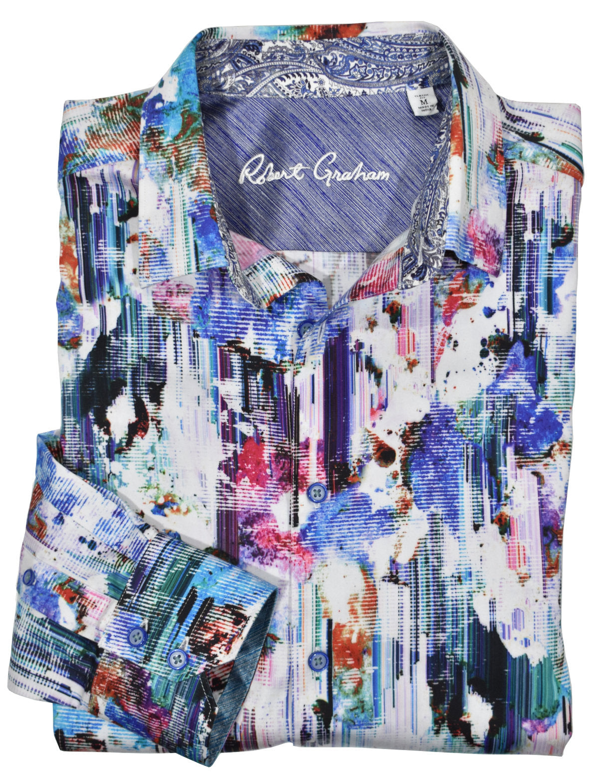 Robert Graham abstract print on soft cotton sateen stretch fabric feels and looks great.  The array of colors and a vertical brush stroke effect, along with typical Graham style, makes this shirt unique.