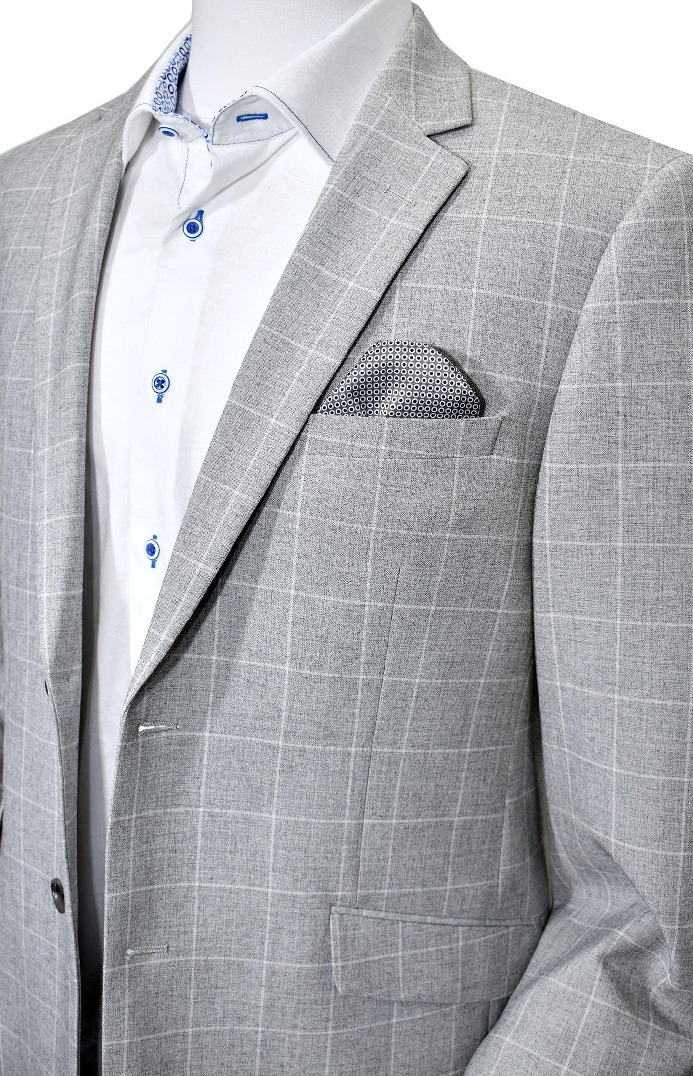 The soft steel color with an accented window pane in off white creates a sophisticated look for a casual sport coat. Poly microfiber and a touch of lycra add a soft silk like hand feel with stretch for added comfort. The result is a sport coat that travels well and does not wrinkle. The coat is fully lined, with a neat traditional lining, that is also used to line the chest pocket and function as a pocket square. Side vented. Slim fit, best for a slim to moderate build.