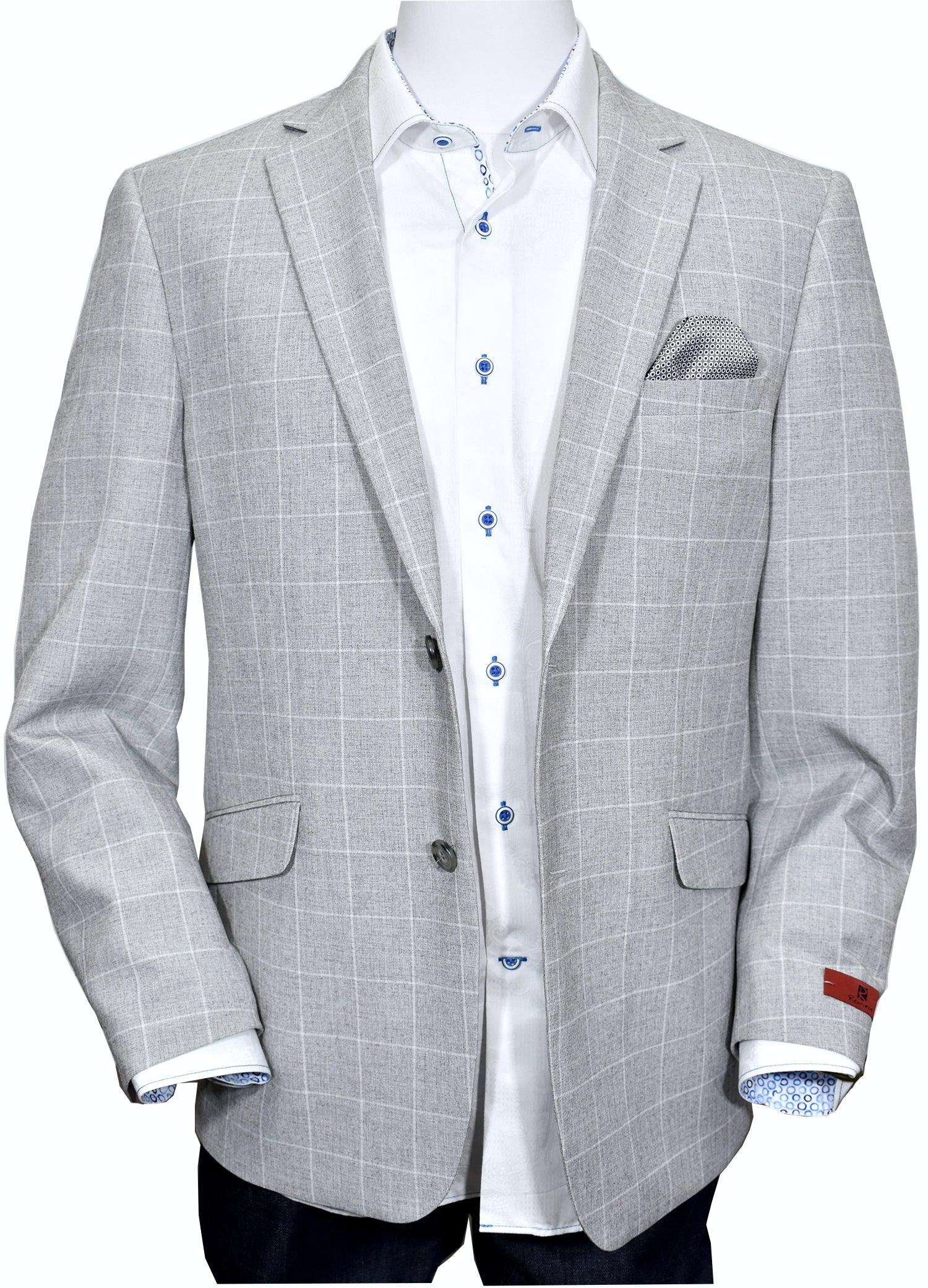 The soft steel color with an accented window pane in off white creates a sophisticated look for a casual sport coat. Poly microfiber and a touch of lycra add a soft silk like hand feel with stretch for added comfort. The result is a sport coat that travels well and does not wrinkle. The coat is fully lined, with a neat traditional lining, that is also used to line the chest pocket and function as a pocket square. Side vented. Slim fit, best for a slim to moderate build.