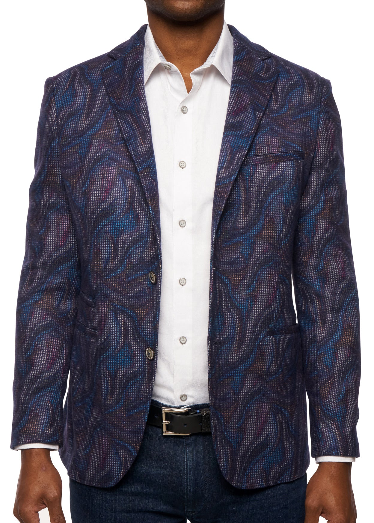 Typical Robert Graham style is like no other. Soft velour type fabric feels great on this unique fashion sport coat. Center back vent, shorter sport model with extra pockets and signature enhanced Graham detailing. A perfect complement to your denim or fashion lifestyle to create a cool, sophisticated image. Modern fit.