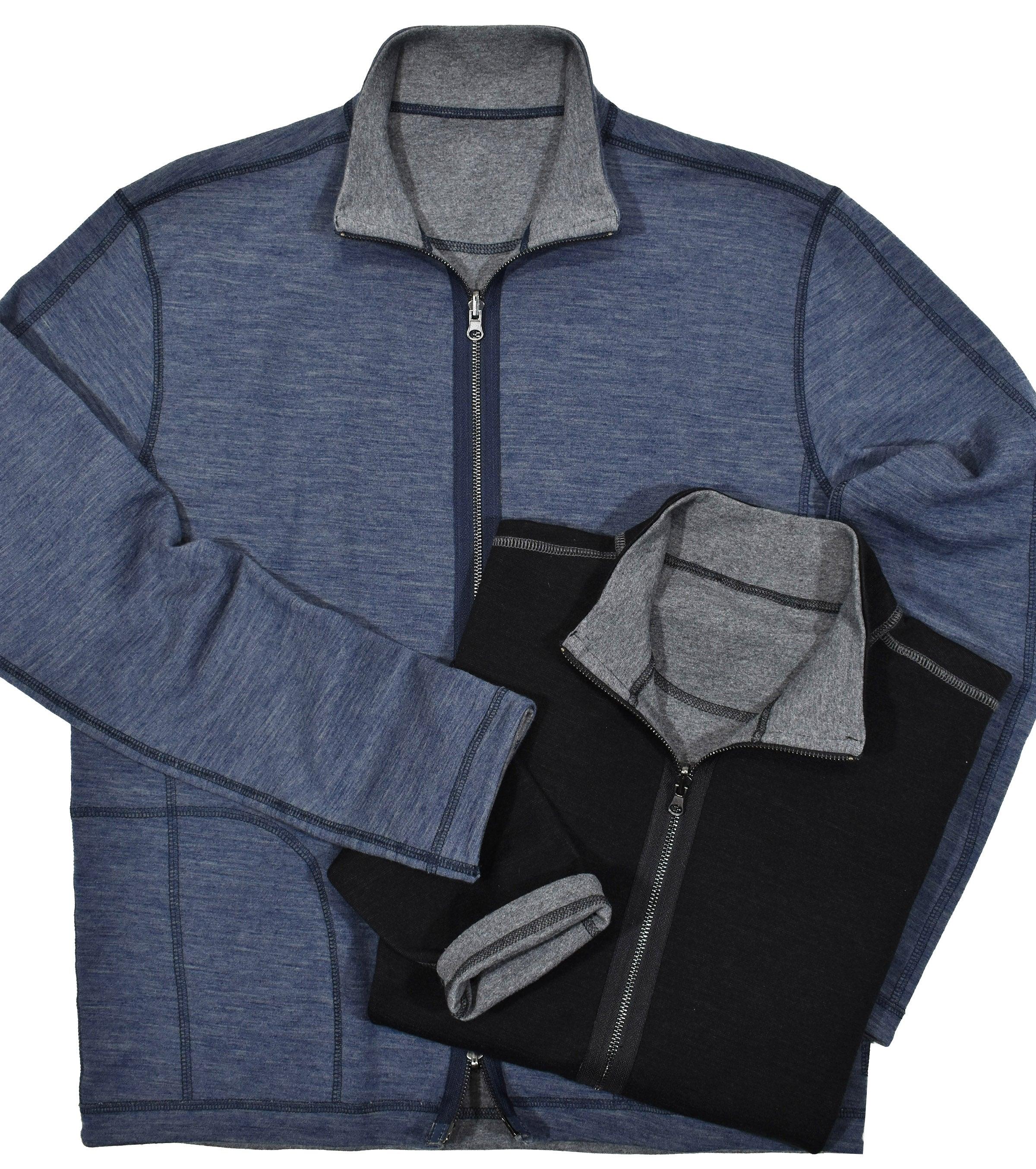 Made in Italy in a light weight merino wool blend.  The full zip cardigan features fashion, contrast marrow stitch work, a double zipper and is fully reversible. The ultimate for layering under a sport coat or over a sport shirt. Made in Italy, contemporary fit. Merino wool, cotton and polyester blend. Charcoal, Indigo.  Graison, Reversible Italian Zip  Light weight soft exclusive fabric. Full two way zip functionality.  Merino wool blend. Reversible feature gives you two looks in one item. Modern fit.