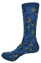 Indigo blue sock with floating geometric diamonds utilizing blue, gold, mint and black colors.  Mercerized cotton and lycra to hold its shape and feel great on.  Fits sizes 9-11.