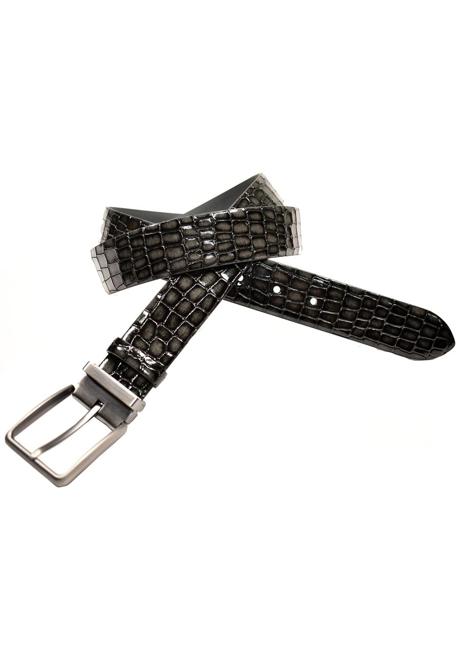 Marcello Men's Leather stamped gator belt in slate gray. Sizes 30-44.