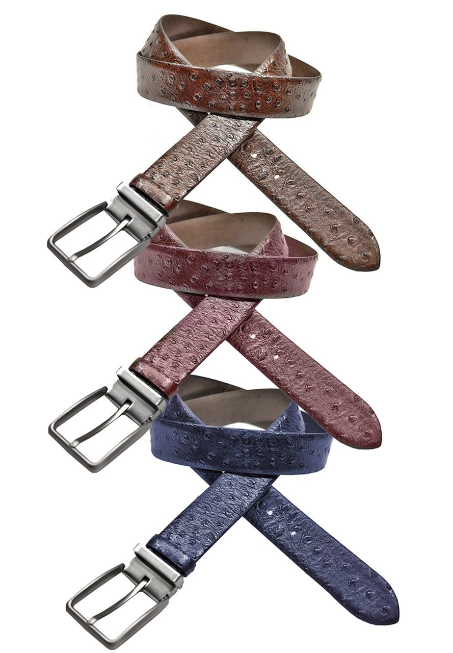 Stamped Ostrich Men's Leather Belt  Add to your belt collection the superior look of ostrich. The stamped leather pattern with color shading elevates the style. Satin Nickel Finished Buckle. Premium leather. Imported.