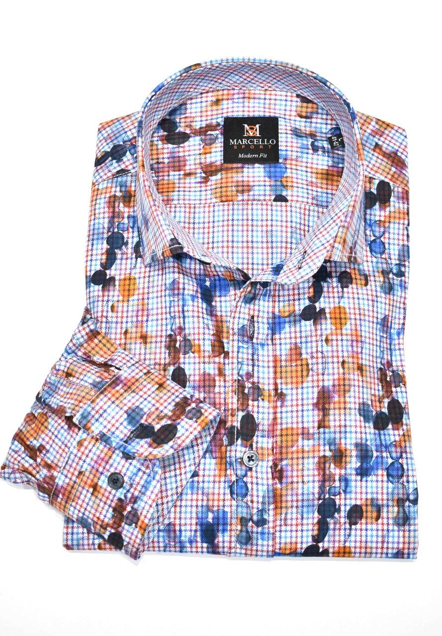 Abstract painted, water color circles over plaid Hidden button down collar looks great Medium spread collar Classic shaped fit Made in Turkey