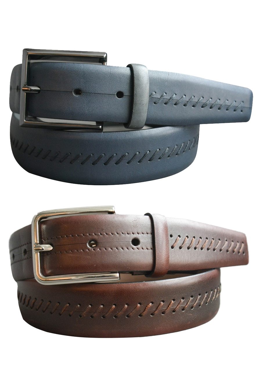 Marcello Men's Leather Saddle Stitch Belt in Navy or Chocolate