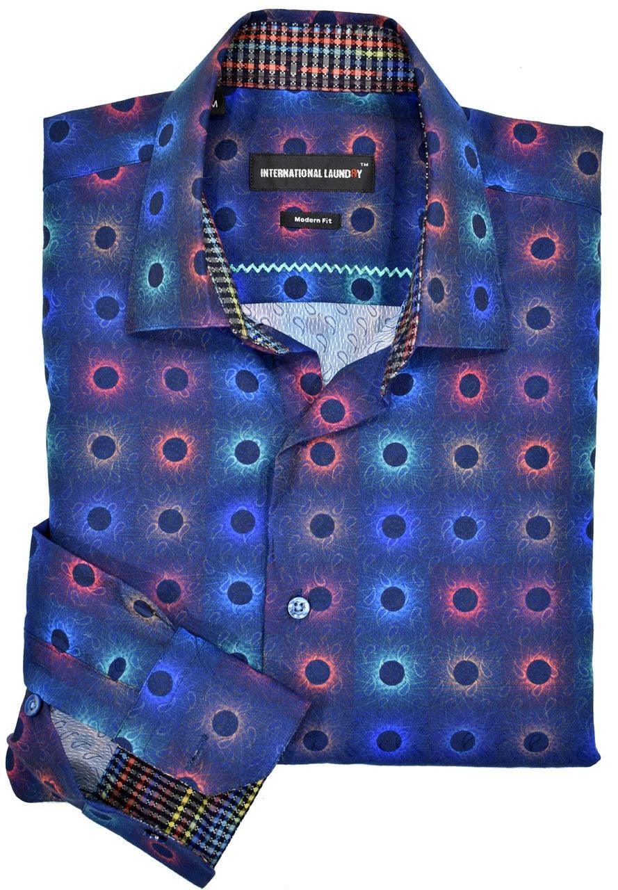 Designer InLa created this allover subtle paisley shirt with fashion colored detailing. Excellent matched trim fabric, medium spread collar.