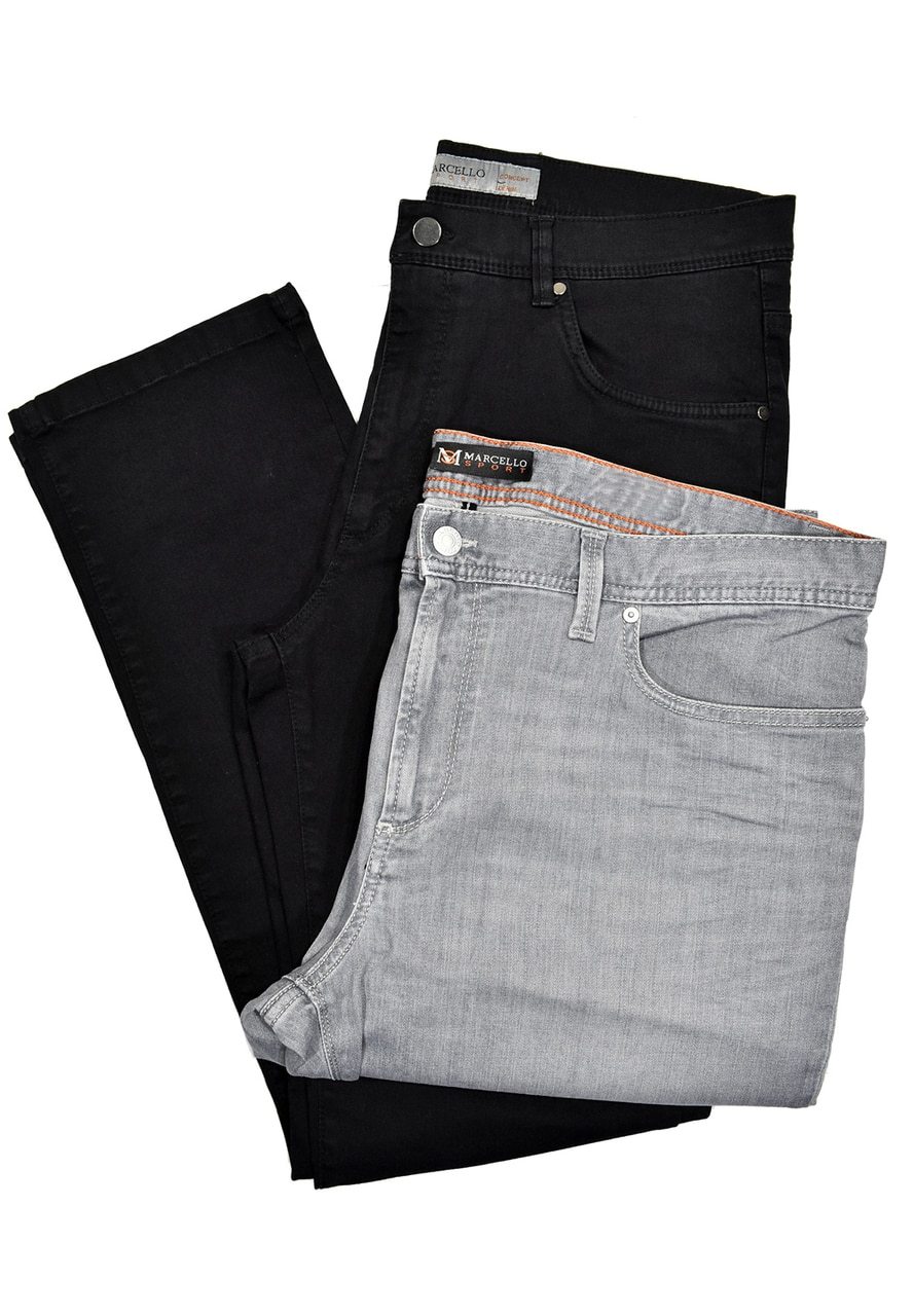 Marcello’s best fitting lightweight washed denim. Feels and looks great! Our comfort fit from the waist band down to the thighs, then tapering the leg to the bottom provides the best of both worlds. Comfort where you need it and updated fashion sporting a slimmed leg. Add the benefit of stretch to work with your natural movements and you have found an excellent jean that will become your go to jean of choice. Marcello Sport Mens Grey Denim Jeans