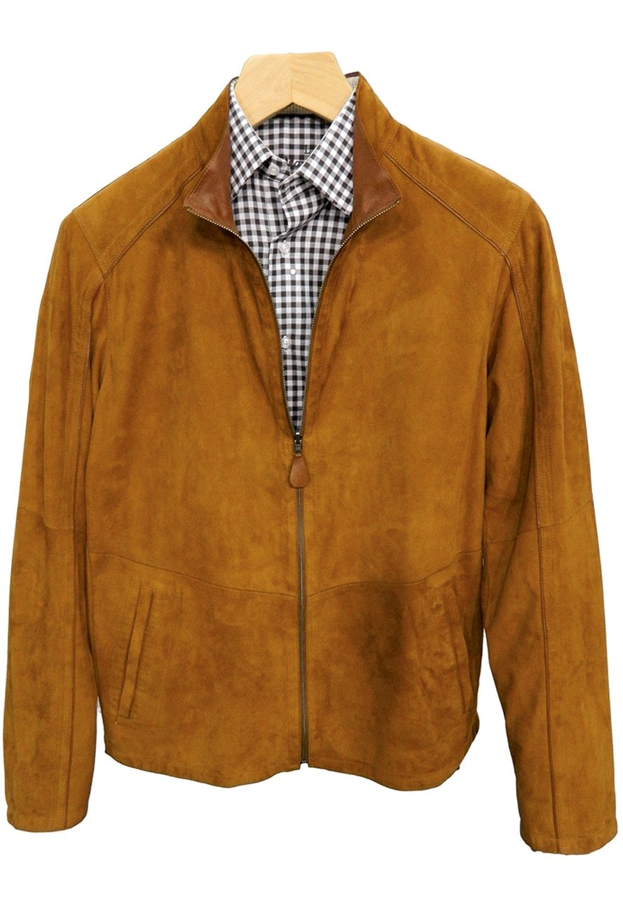 Marcello Sport extra fine suede jacket with clean nappa leather on the reverse side. Accented with nappa leather detailing and fine pic stitching. Outstanding, shirt weight, reversible coat featuring suede outside and leather inside with leather trim detailing on the shoulder and sleeve. Side slash pockets. Open sleeve and open bottom, straight contemporary fit. Colors available: Cognac, Black, Navy, Red, Blue.