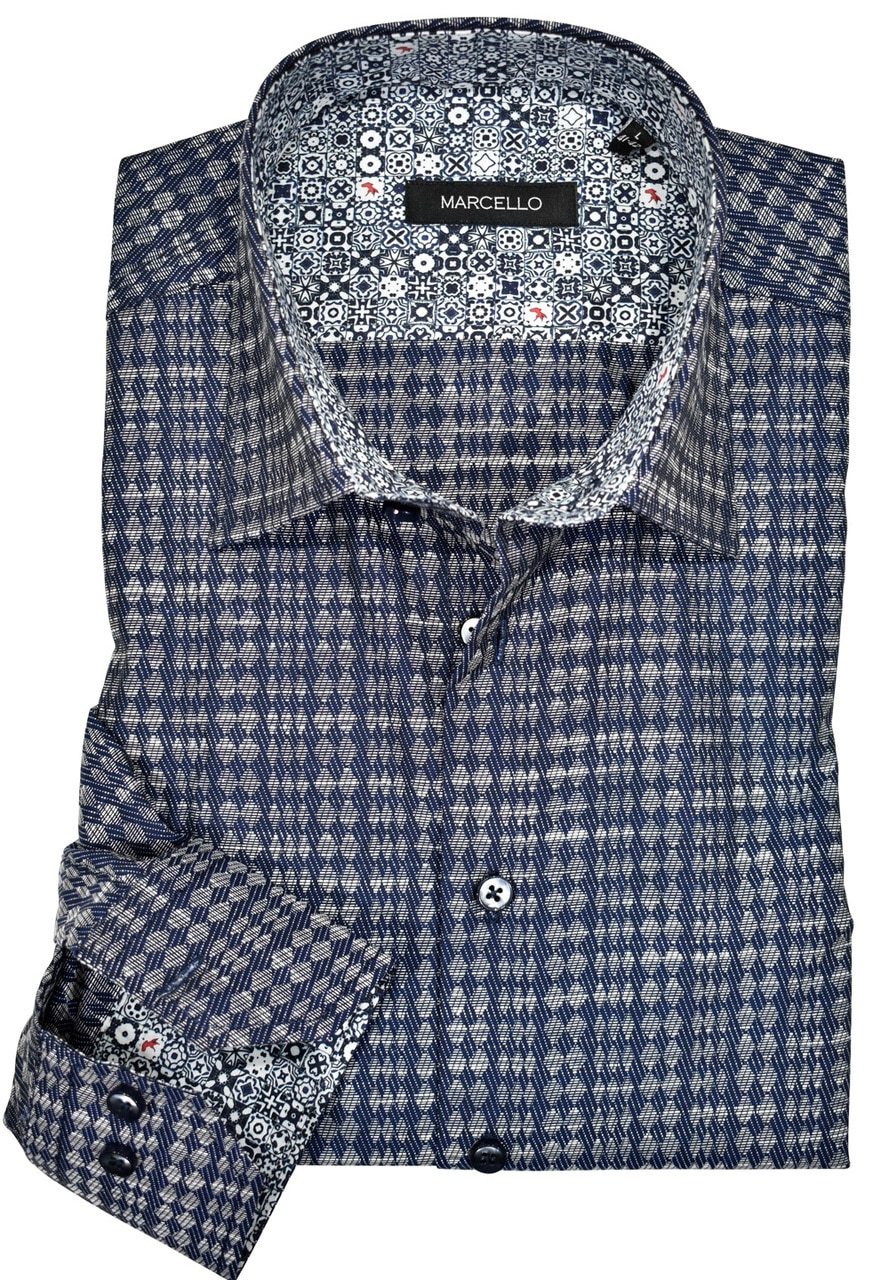 The melange vertical diamond pattern on a denim friendly fabric makes a cool yet dressy statement. Fashion trim fabric, custom buttons and a medium spread collar. Cotton, classic fit.