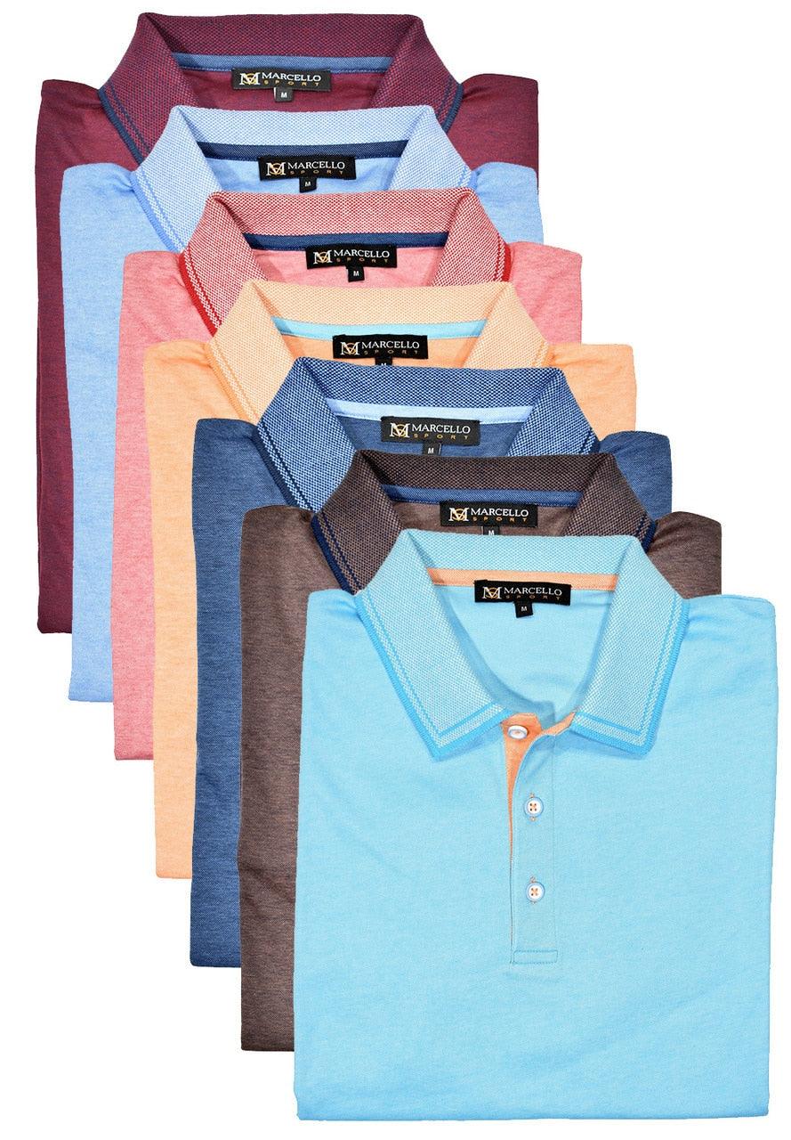 The Marcello classic cotton lycra polo with neat detailing is perfect for a relaxed lifestyle or even for your business casual environment.  Custom trim details and buttons finish the look.  Modern fit.  Cotton Stretch Polo by Marcello Sport.