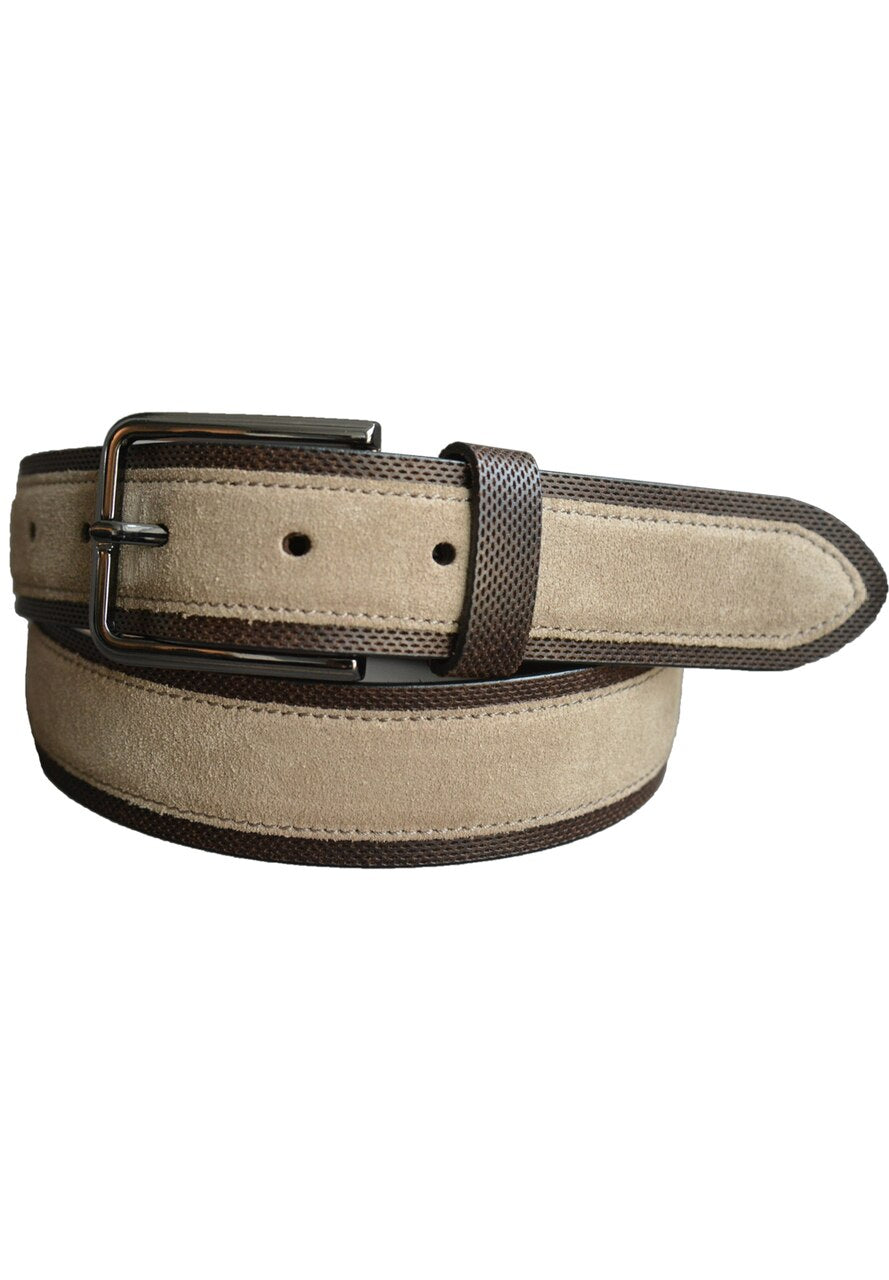 Marcello Men's Perforated Leather and Suede Belt in tan and chocolate.