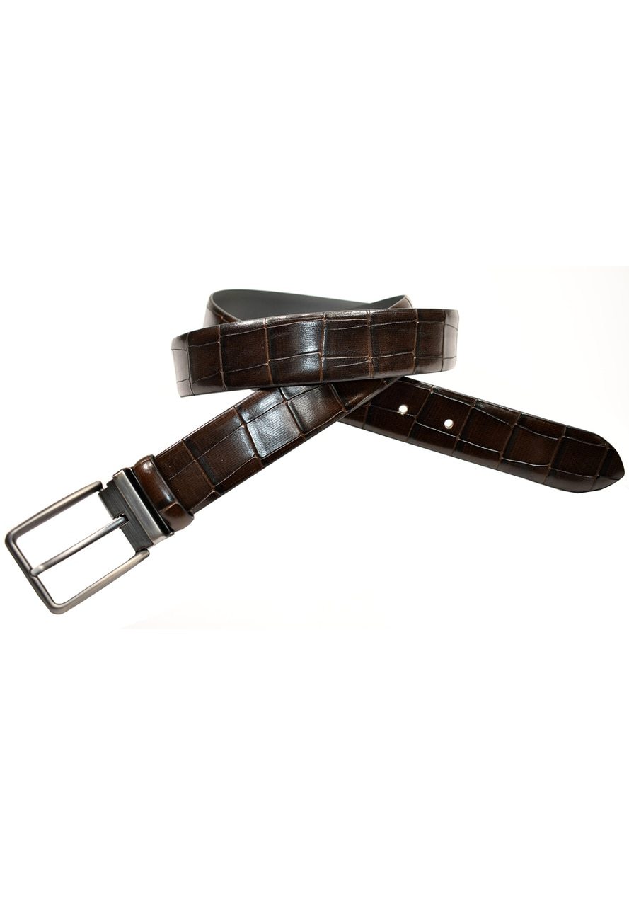 Pants or jeans are perfect for this crocodile stamped belt on glove leather. Soft glazed, polished buckle. Colors: Black, Chocolate  Men's Embossed Crocodile Belt by Marcello Sport.  Italian leather stamped and shaded. Satin nickel finished buckle. Imported. Sizes 30 - 44.