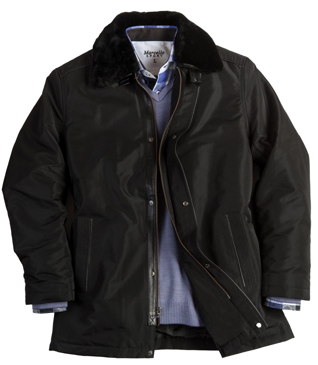 A little rain or cold will not phase you in this fantastic jacket, water resistant and warm this jacket will always keep out the elements and keep you looking great. Water repellent micro fiber, removable shearling lining and collar, ¾ length jacket. Done with leather trim, piping and multi stitch detail on shoulders. Slash pockets. Zip and button front. Slash pockets inside jacket, accessible with lining or without. Standard open sleeve.