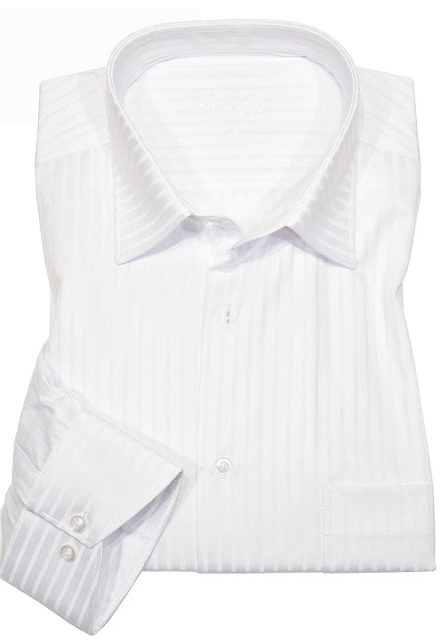 Marcello Sport striped white shirt is Perfect for the office and a night out. This shirt is sure to illicit complements, a great looking shirt to emphasize your good looks.  For guys that have to move up a size due to the belly being be to tight, but then have way too much fabric in the arms and shoulders. This new fit pairs a standard shoulder size with a mid section one size larger.