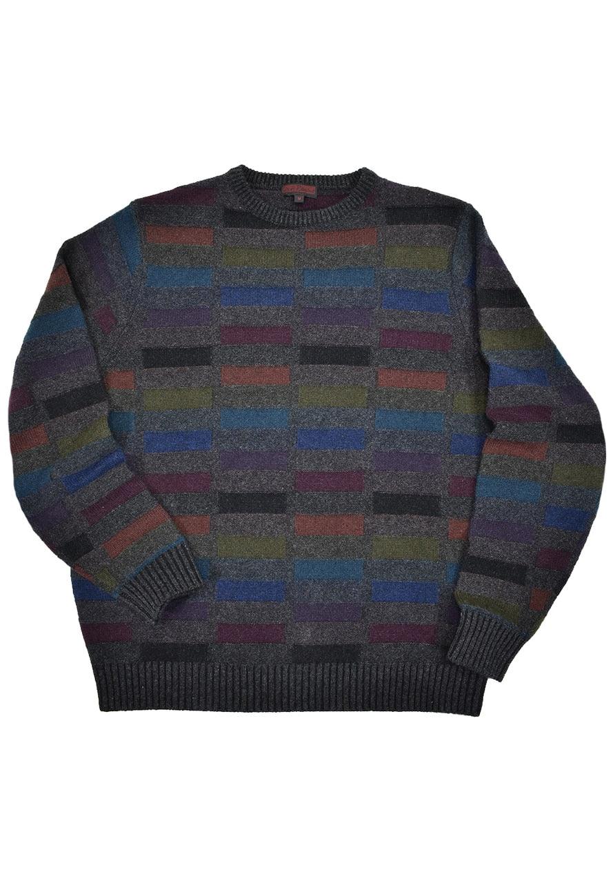Designer Lenor Romano inspired pullover, cashmere sweater with classic color block styling. Classic charcoal tones never go out of style and subtle color blocks add distinct style. 100% cashmere, classic fit.