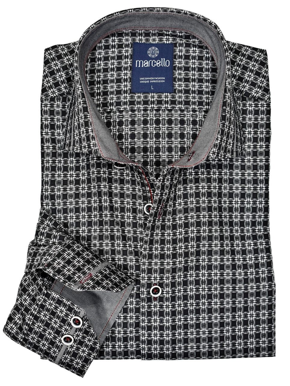 Unica Milano Bricket Medium check pattern is enhanced with a neat inset pattern. Striking black background with multi color dot pattern. Medium spread collar and custom matched buttons. Classic Shaped fit.