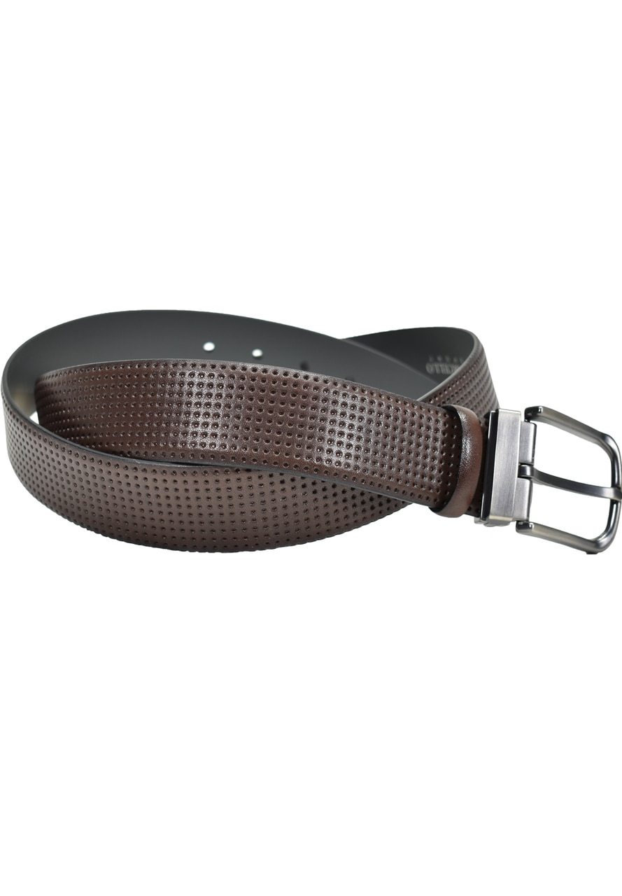 Finely perforated belt, extra fine leather for a classic, yet updated style. Black or Chocolate.  By Marcello Sport.  Finely perforated fashion pattern. Excellent with your favorite jeans or pants. Black or Chocolate. Satin Nickel Finished Buckle. Slightly wider to provide a better jeans image. Premium leather. Sizes 32-44.